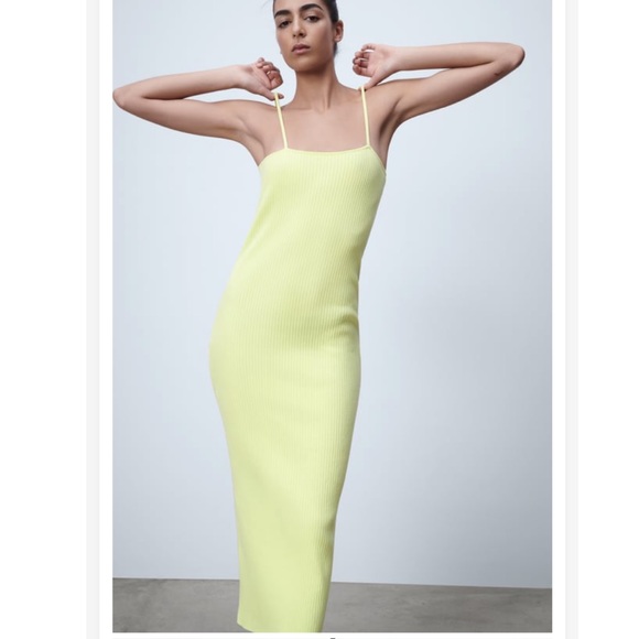 NWT Zara lime green yellow knit ribbed midi dress - Picture 2 of 6